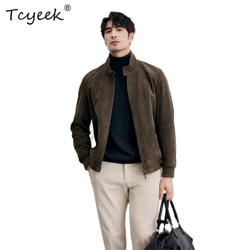 Tcyeek Real Sheepskin Autumn Winter High End Trendy Standing Collar Green Men's Genuine Leather Jacket Куртка Кожаная Мужская
