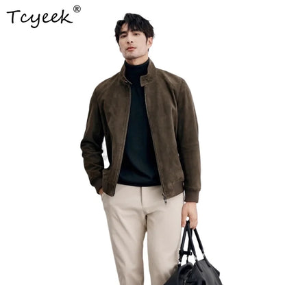 Tcyeek Real Sheepskin Autumn Winter High End Trendy Standing Collar Green Men's Genuine Leather Jacket Куртка Кожаная Мужская