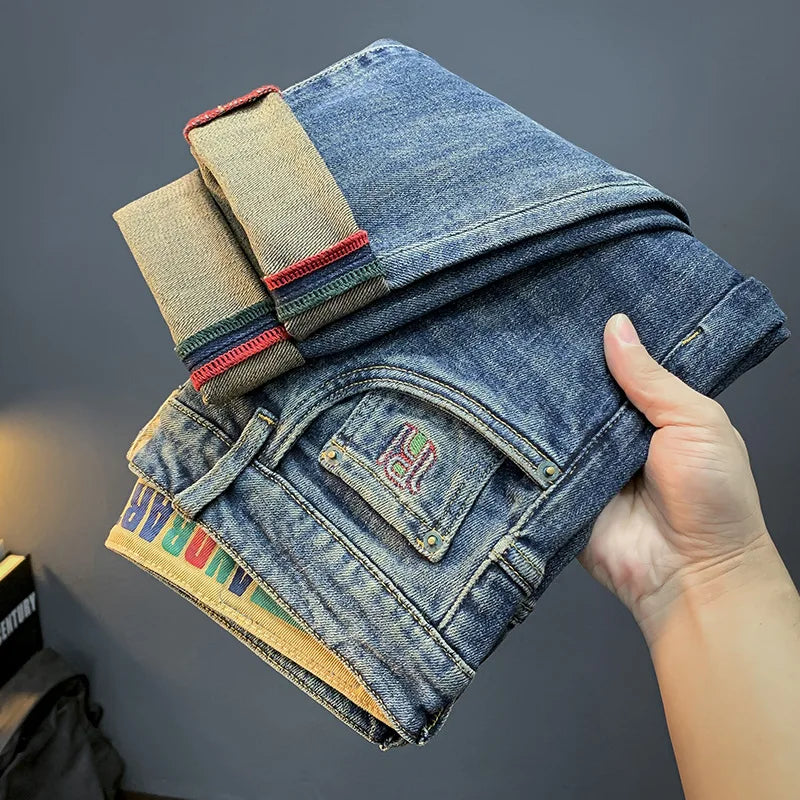 Fleece-Lined Thick Jeans Men's Winter 2023 New Casual Small Straight Pants Slim-Fit Fleece All-Matching Trousers