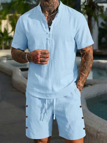 Summer linen shirt set for men, casual outdoor two-piece set, home wear pajamas, comfortable and breathable, beach short-sleeved