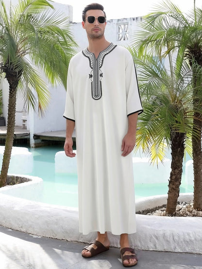 Islamic Men's Short Sleeve Embroidered Moroccan Loose Ethnic Arabic Thoub