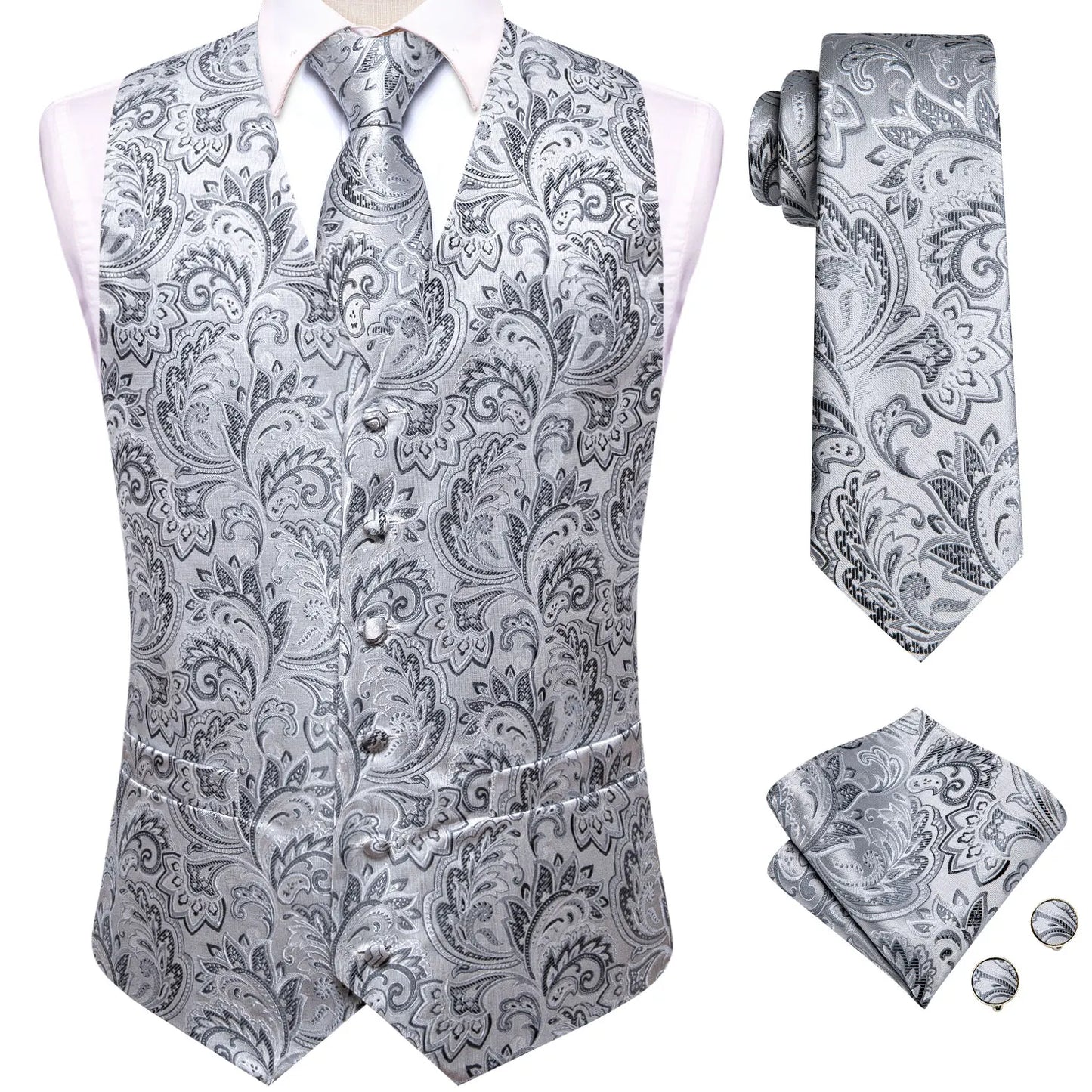 4Pcs Men Formal V-Neck Vest Kit Waistcoat Tie Handkerchief & Cufflinks for Occasions