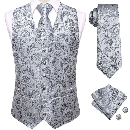 4Pcs Men Formal V-Neck Vest Kit Waistcoat Tie Handkerchief & Cufflinks for Occasions