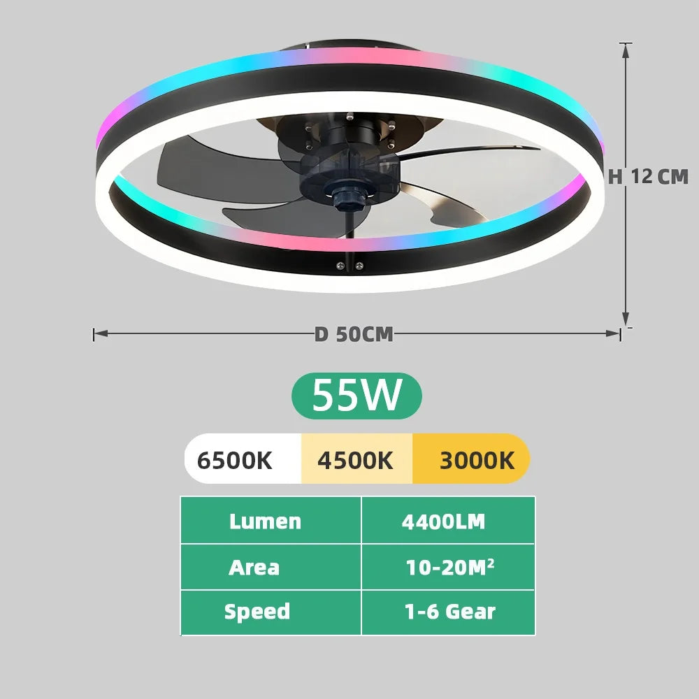 RGB Ceiling Lamp Fan Nordic Smart Remote Control Silent Ceiling Fan with Light Dimmable Home Atmosphere Lighting Decoration