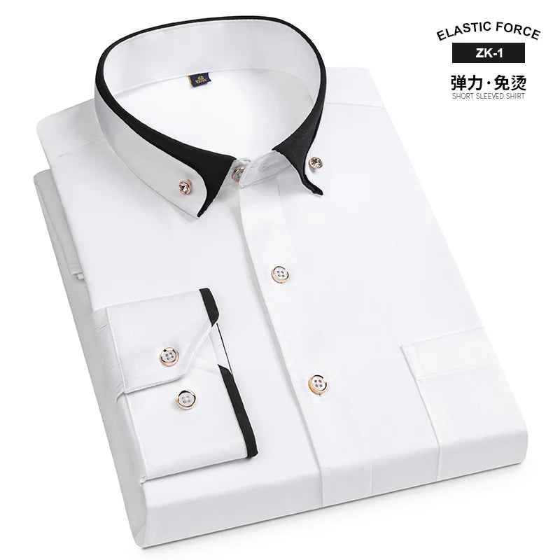 Fashion Color Contrast Men's Elastic Non-iron Long-sleeved Business Shirts Diamond Button Single Pocket Comfort Workwear Clothes