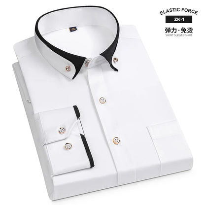 Fashion Color Contrast Men's Elastic Non-iron Long-sleeved Business Shirts Diamond Button Single Pocket Comfort Workwear Clothes