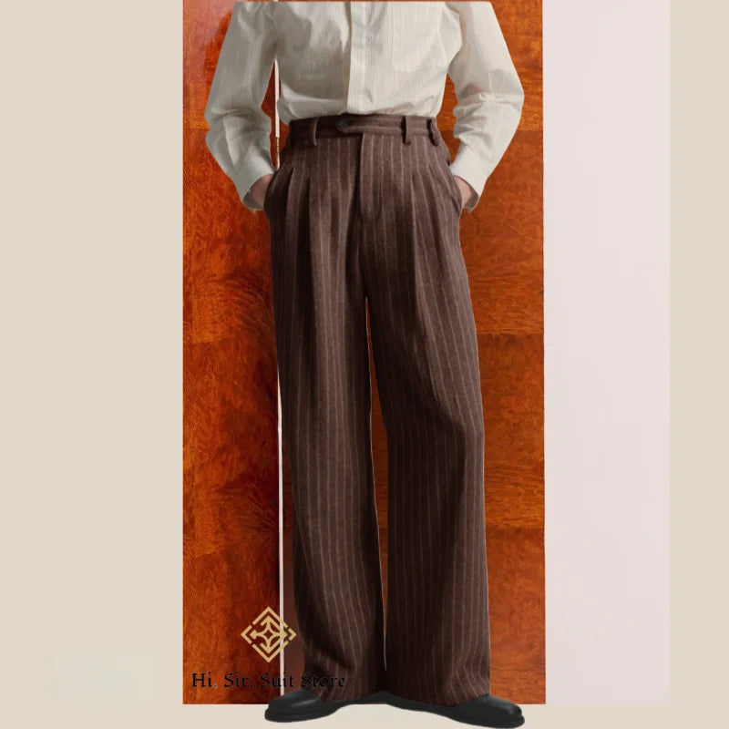 Men's High-Street Vintage Striped Pants Drapey Silhouette Melange Old Money Style Elegant Casual Trousers for Gentlemen Fashion