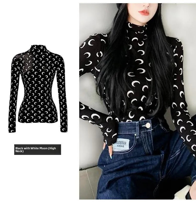 Sweet Two Piece Set Women American Retro Layered Outfit Long Sleeve Moon Print Top Ice Silk Pants Sexy Casual Autumn Fashion