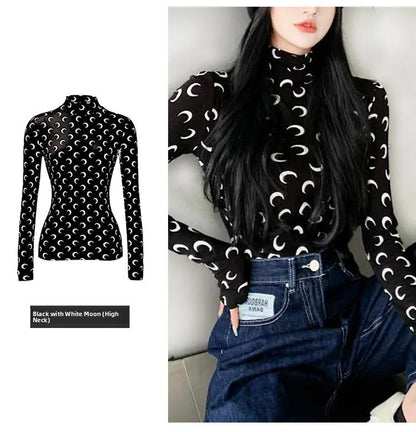 Sweet Two Piece Set Women American Retro Layered Outfit Long Sleeve Moon Print Top Ice Silk Pants Sexy Casual Autumn Fashion