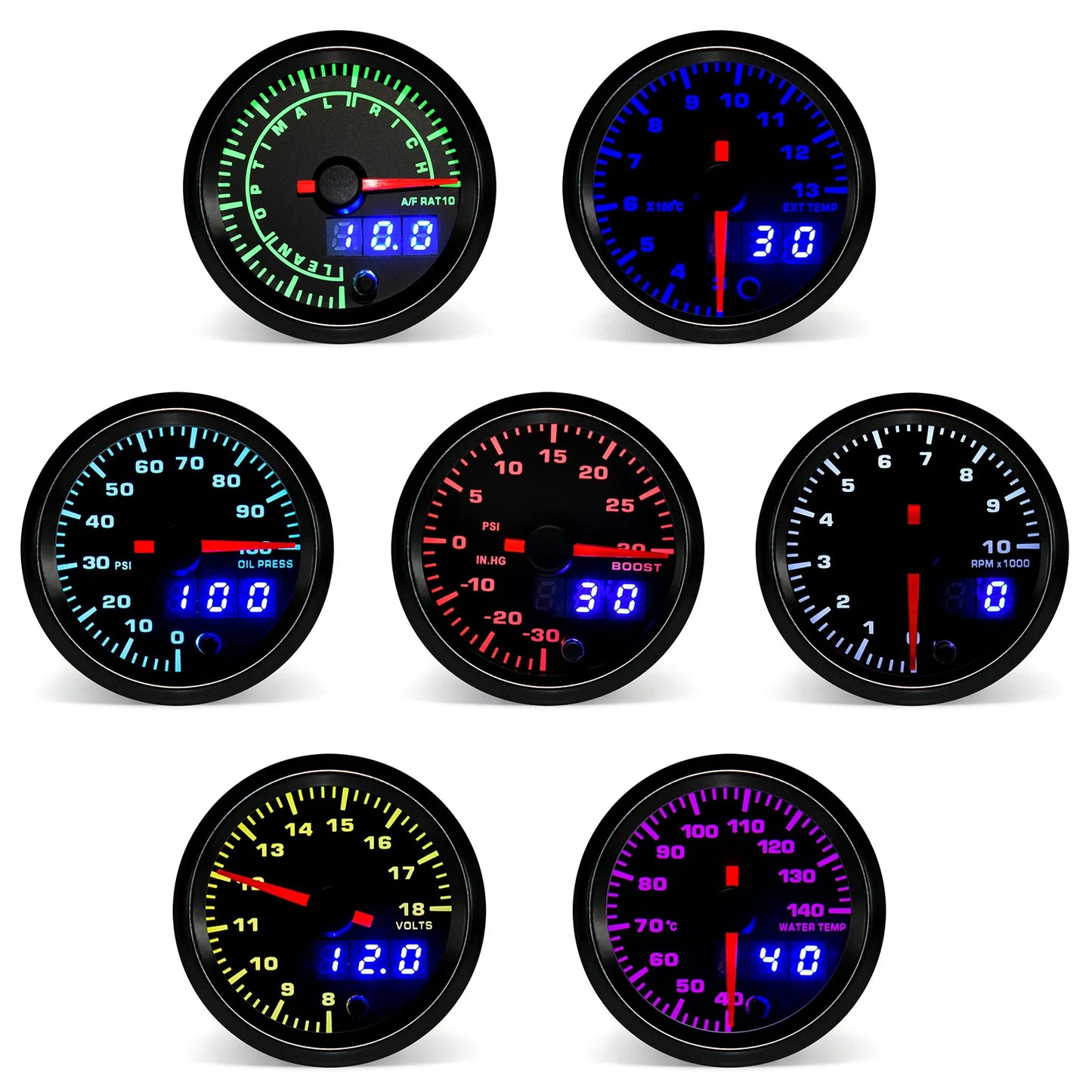 2" 52mm 7 Color LED Dual Display Gauge Boost PSI Boost BAR Water / Oil Temp Oil Pressure Voltmeter Air Fuel Ratio EGT Tachometer