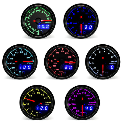 2" 52mm 7 Color LED Dual Display Gauge Boost PSI Boost BAR Water / Oil Temp Oil Pressure Voltmeter Air Fuel Ratio EGT Tachometer