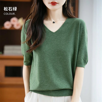 Thin Worsted Wool Short-Sleeved Women's Loose Round Neck T-shirt Printed Summer Fashion Knitted Bottoming Shirt Half-Sleeved