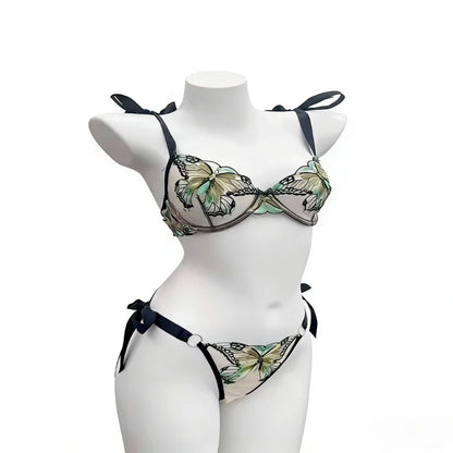 Ultra-Thin Sexy Lace Sheer Lingerie Set For Women French Butterfly Embroidery Push Up Bra Soft Underwire Support Date Night Wear