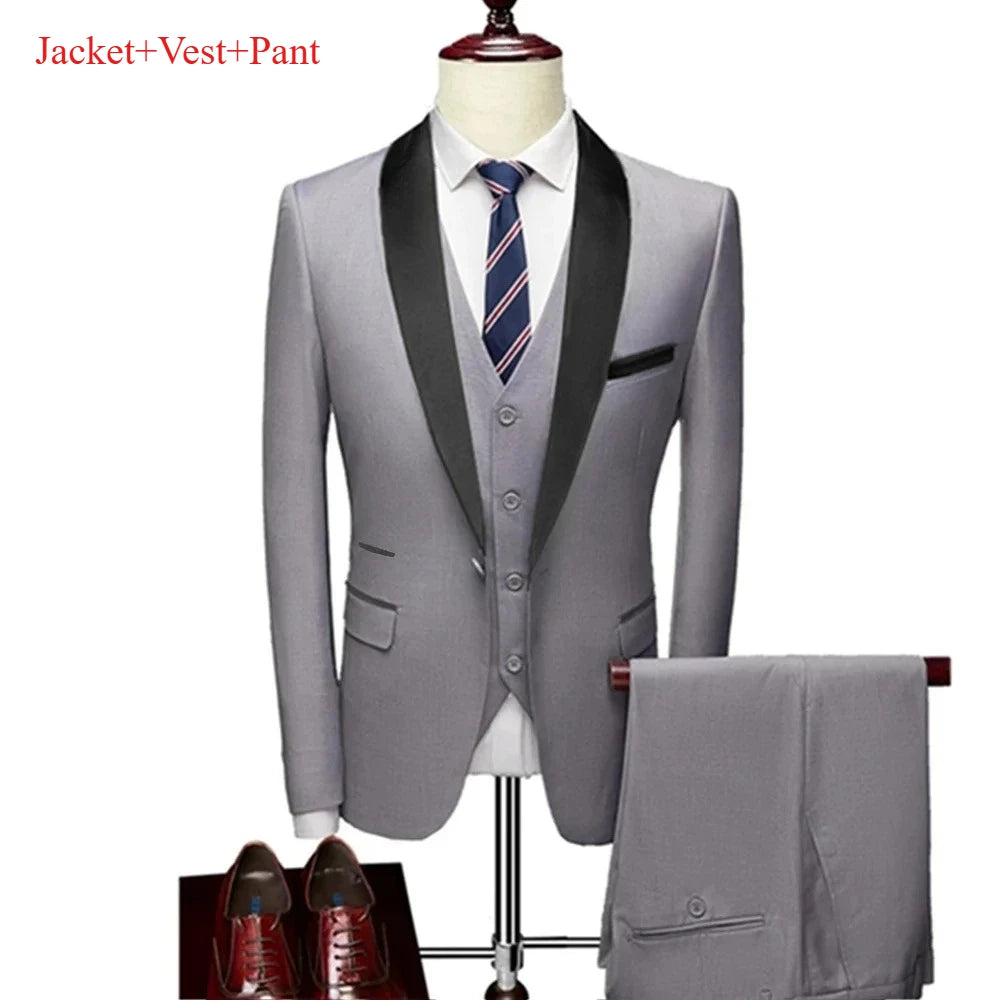 Men's Lapel Black Suit Set Coat Vest Trousers / Business Groomsmen Groom Wedding Dress Fprmal Blazer Pants