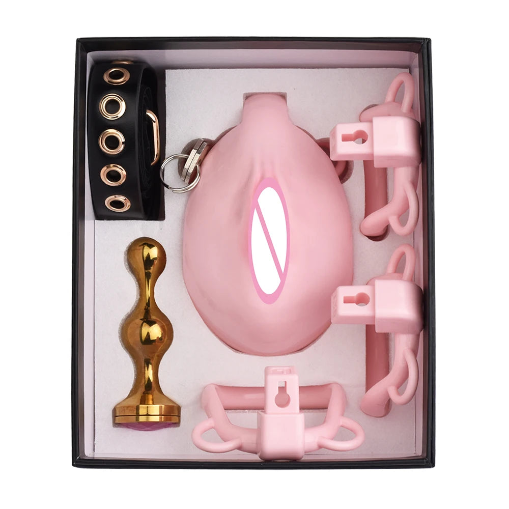 FRKO Real Pussy Labia Sissy Chastity Cage Set 정조대 4 Size Penis Ring Belt Lock Cock Anal Plug Pussy Worship Sex Toys For Men BDSM