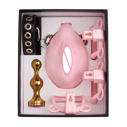 FRKO Real Pussy Labia Sissy Chastity Cage Set 정조대 4 Size Penis Ring Belt Lock Cock Anal Plug Pussy Worship Sex Toys For Men BDSM