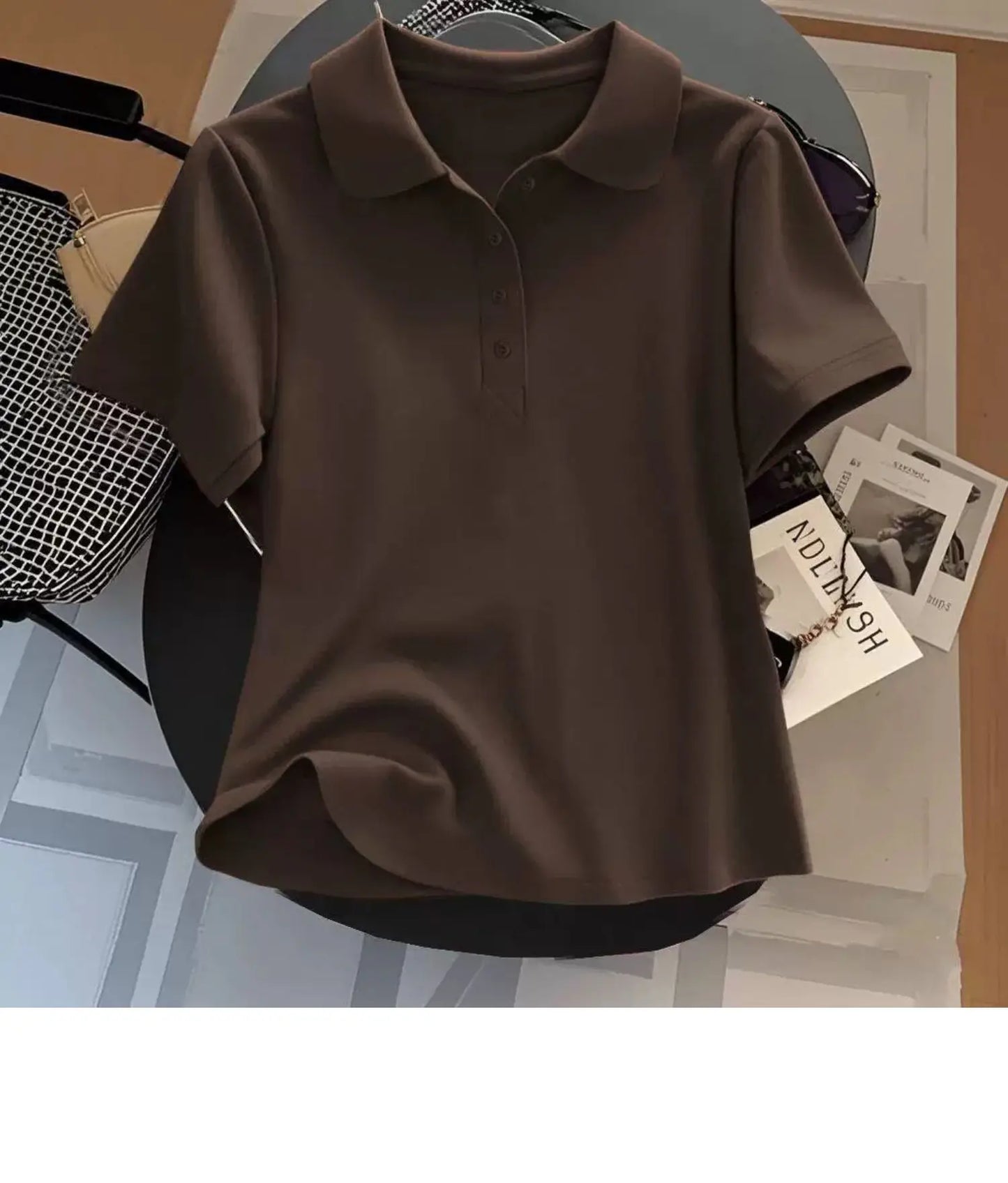 Loose Fit Women's  Neck Short Sleeve Cotton T-Shirt Casual Button up Top Korean Style Summer Fashion Ladies' Shirt