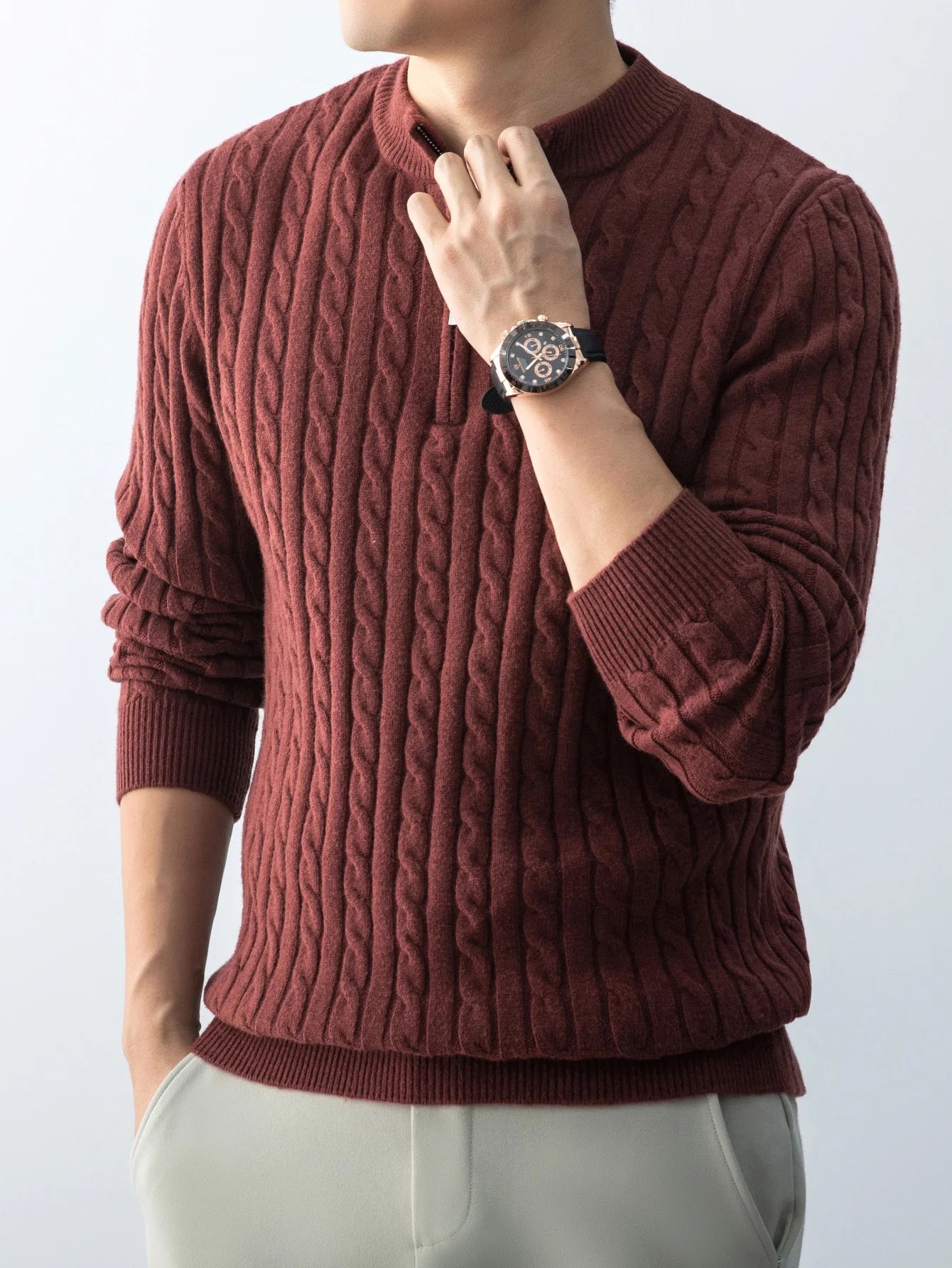Autumn Winter For Men's Twisted Sweater Wool Knitted  Half Open Zipper Half High School Round Neck Stand-up Collar Thickened Top