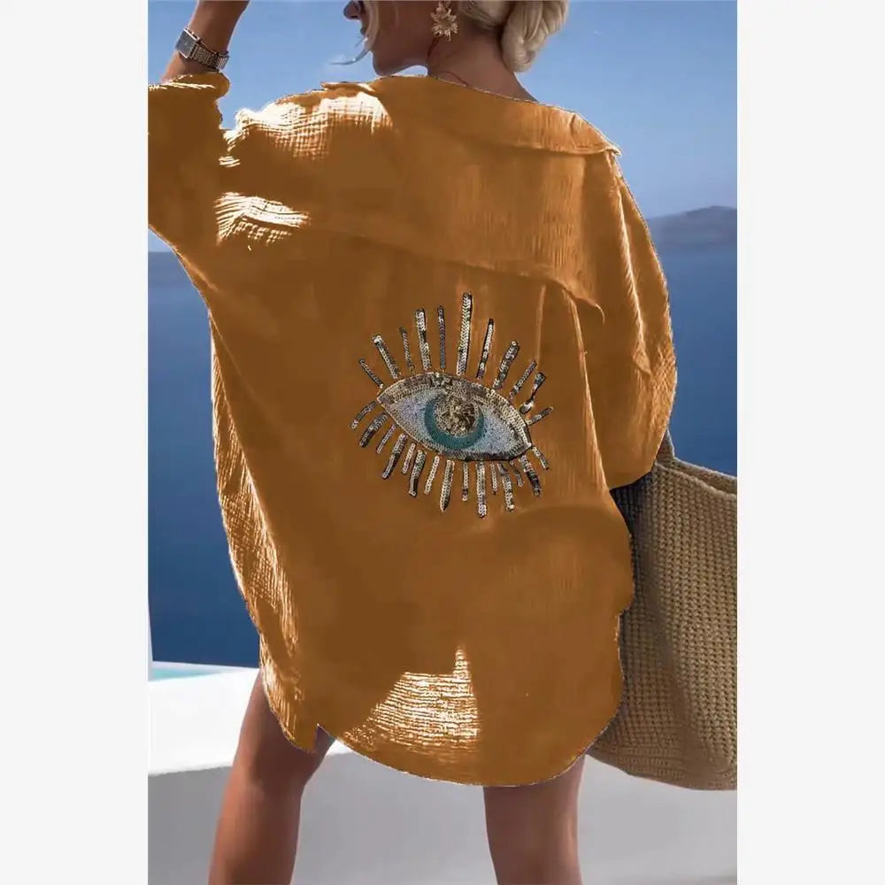 Spring Summer 2024 Women's Casual Evil Eye Shirt Long Sleeve Turn-down Collar Regular Length Other Material 100% Fashion Ladi...