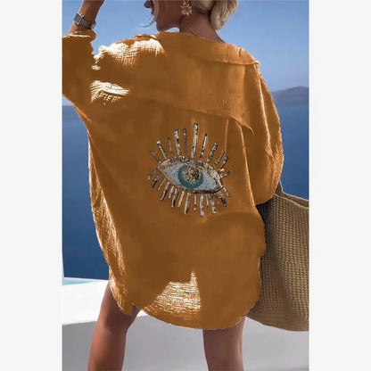 Spring Summer 2024 Women's Casual Evil Eye Shirt Long Sleeve Turn-down Collar Regular Length Other Material 100% Fashion Ladi...