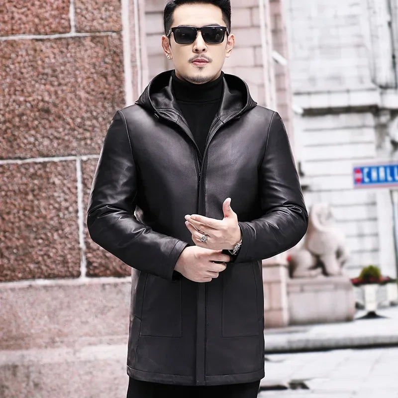 AYUNSUE Winter Jacket Men's Genuine Leather Coats Men Hooded Midi-length Windbreaker Trench Coat Male Real Leather Down Jacket