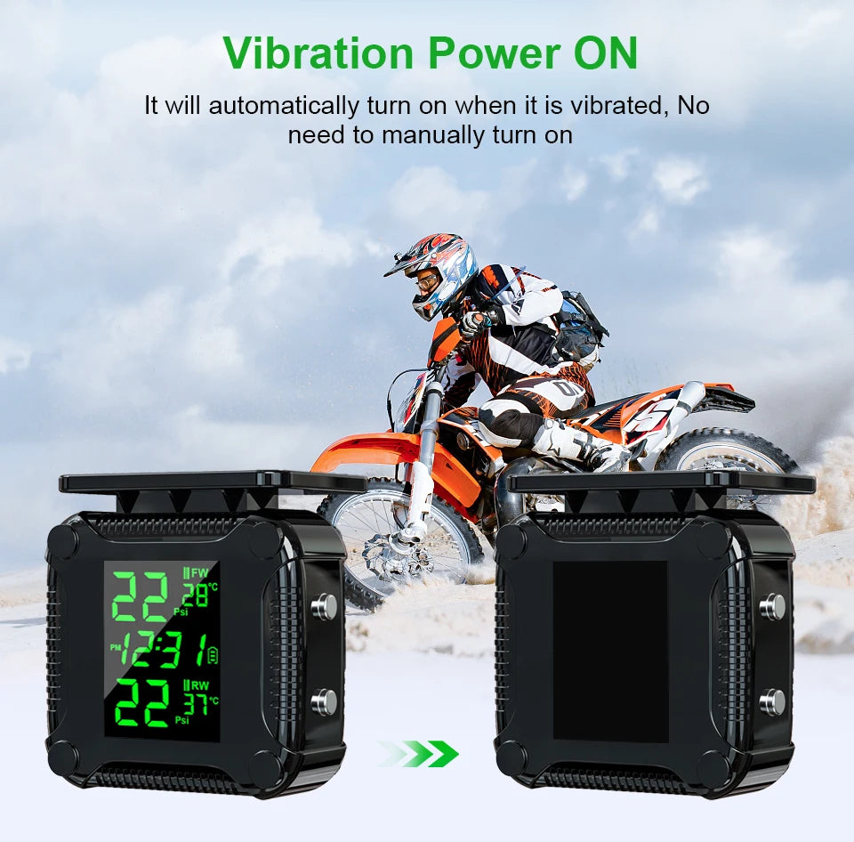 Powstation TPMS Wireless Motorcycle Tire Pressure Monitoring System Solar Charge Tyre Temperature Alarm System Colorful Display