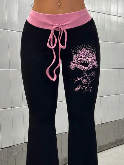 Hip-Hop Streetwear Pants Women Y2K Gothic Drawstring Trousers Spring Autumn Classic Fashion Pink-black Patchwork Bootcut Pants