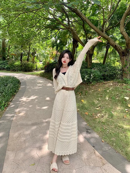Kumikumi Lazy Style Hollow out Knitted Cardigan Jacket Women's High Waist  Skirt Fashion Set Spring 2025 Acrylic Fabric