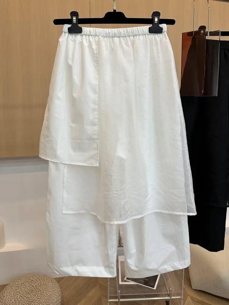 Summer European Style Women Two-piece Spliced Pants High Waist Loose Straight Leg Cropped Trousers Design Slim Casual Pants