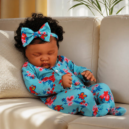 BZDOLL 48CM Lifelike Asleep Reborn Baby Doll Toy with Black Brown Skin Vinyl Limbs Cloth Body Handmade Birthday Gift for Kids