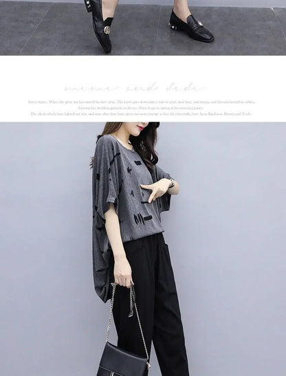 plus Size Summer Outfit Women's Batwing Sleeve Cover Belly Top And Seven Inch Pants Two Piece Set Fashionable plus Size Ensemble