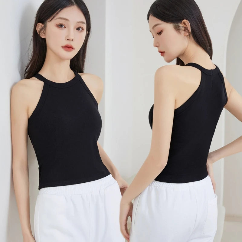 Fashion Threaded Halter Neck Camisole Top with Build-in Bra High Elastic Slim-fitting Sling Fixed Cup Breathable Women Underwear