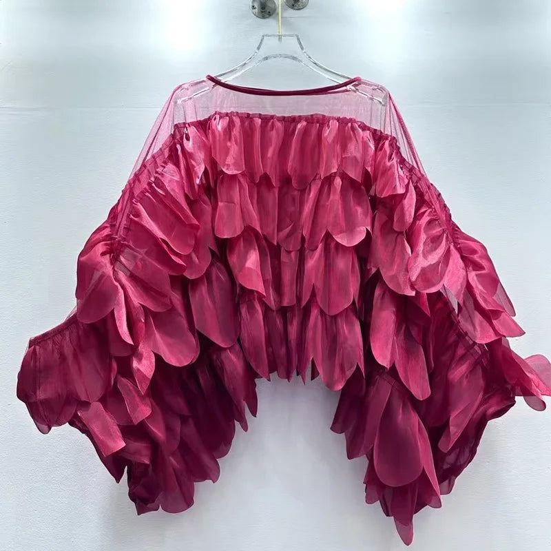 Women's Spring Autumn Tops Shirt Bat Sleeve Ruffle Irregular New Retro Simple Comfortable Loose Casual New Soft Niche Versatile