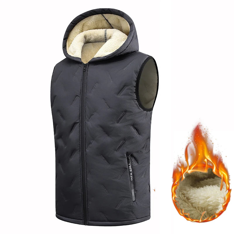 EU Size Men's Hooded Vest Thermal Padded Winter Jacket Fleece Lined Waistcoat Autumn Warm Quilted Jacket Black Grey Puffer Vest