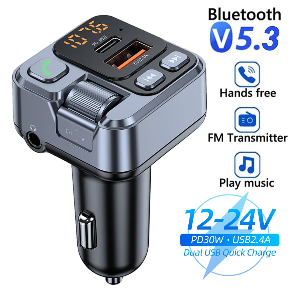 All-in-One Car Bluetooth Adapter - PD20W Fast Charger, USB U Disk Reader, Digital Display & FM Transmitter for Phones