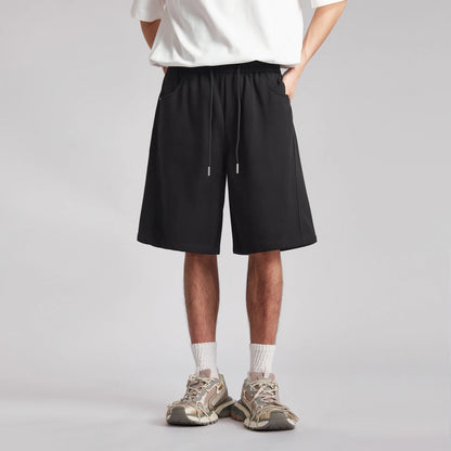 Men's Draped Ice Silk Casual Shorts Summer Solid Color Loose Drawstring Elastic Waist Wide Leg Five Points Sports Middle Pants
