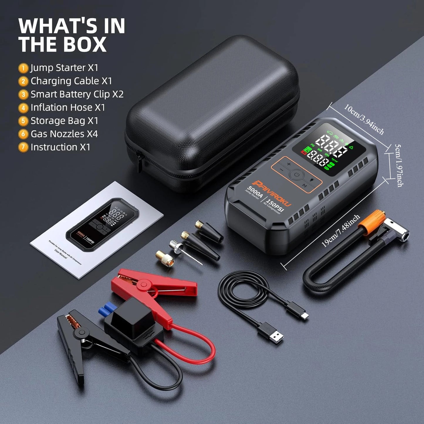 PAIVIROKU 4-IN-1 Car Jump Starter with Air Compressor 5000APeak Auto Battery Booster 150PSI Air Pump Power Bank Tire Inflator