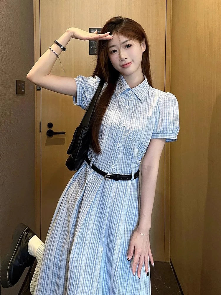 Gentle Wind Beautiful Blue Shirt Dress Women's Summer High-End Waist-Cinching Student Long Skirt Elegant Short Sleeve Knitted...