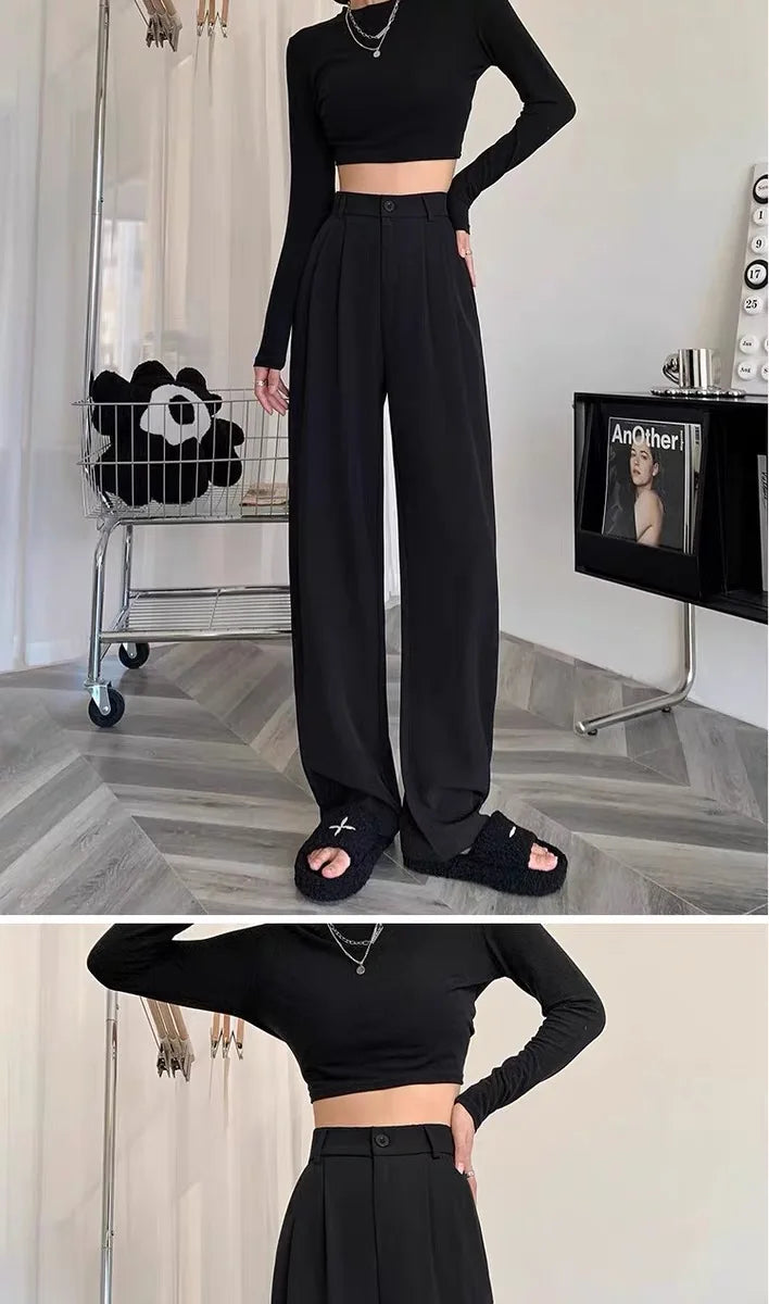 High Waist Straight Leg Suit Pants Women's Summer Thin Large Size Fat MM Hip Covering Slim Wide Leg Trousers Korean Style