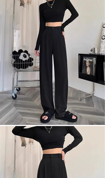High Waist Straight Leg Suit Pants Women's Summer Thin Large Size Fat MM Hip Covering Slim Wide Leg Trousers Korean Style