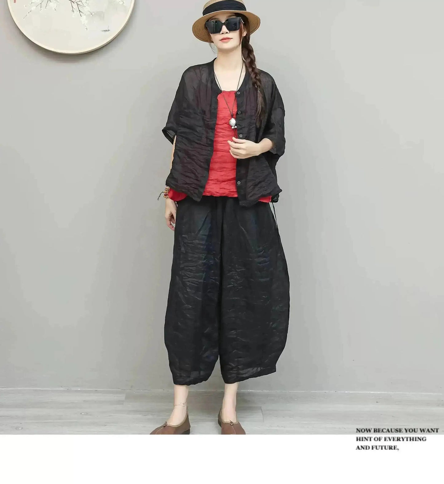 Lightweight Ramie Pant Women Summer Loose Wide-leg Cropped Pants Black LX5765