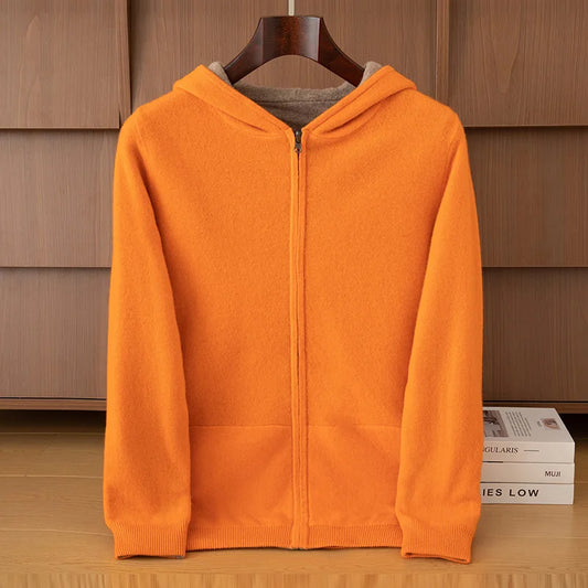 Double-Sided Cashmere Hooded Cardigan For Men Autumn And Winter Wearing Sweater Thickened Pure Wool Knitted Loose Zipper Coat
