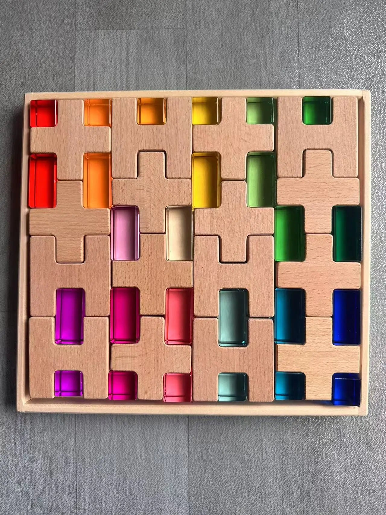 Wooden Building Blocks Set Stacking Castle Toys with Transparent Cubes Rainbow Timbers Trees Animals Giraffe for Kids