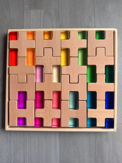 Wooden Building Blocks Set Stacking Castle Toys with Transparent Cubes Rainbow Timbers Trees Animals Giraffe for Kids