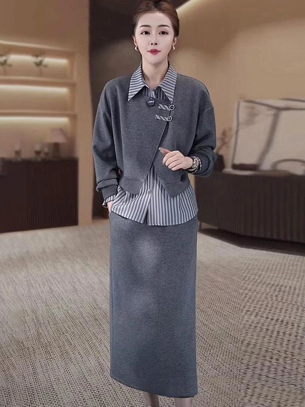 Fashionable Fake Two-Piece Hoodie Split  Skirt Set Women's Long Sleeve  Collar Polyester Fiber Slimming Design Autumn...