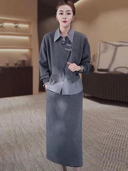 Fashionable Fake Two-Piece Hoodie Split  Skirt Set Women's Long Sleeve  Collar Polyester Fiber Slimming Design Autumn...