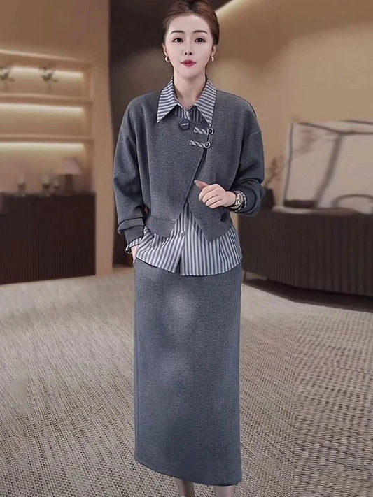 Fashionable Fake Two-Piece Hoodie Split  Skirt Set Women's Long Sleeve  Collar Polyester Fiber Slimming Design Autumn...