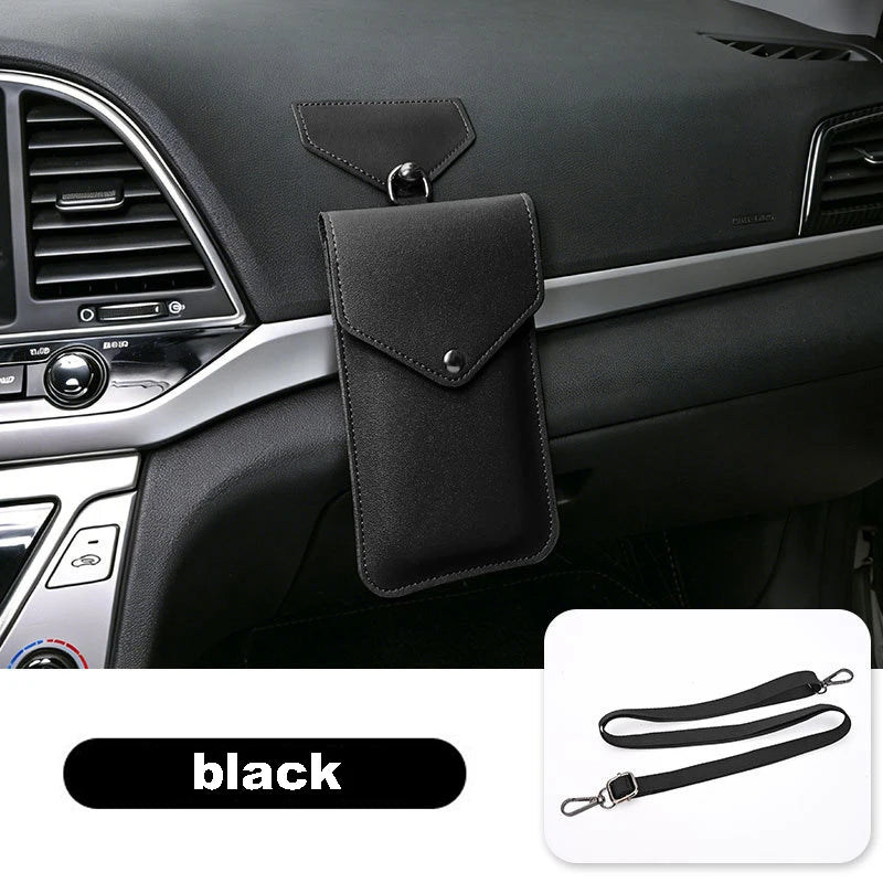 Universal Multi-Use Car Storage Bag with Shoulder Strap, Stick-On, Premium Leather, For Dashboard, Door, Seat Back