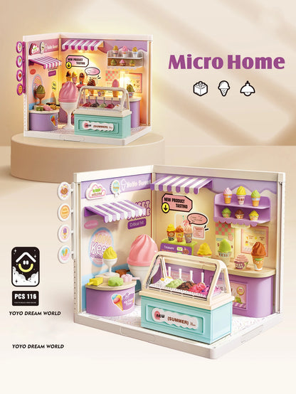 Micro Model Mini Dollhouse Playset with Light, Portable Grill Shop & Beauty Store Pretend Play Toy for Kids, Ideal Birthday Chri