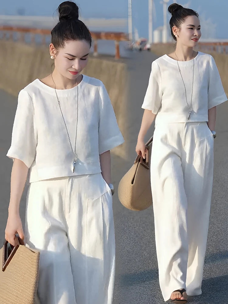 Elegant Fashionable Linen Wide Leg Pants Set Women's Summer New Design Unique Two Piece Suit Casual Commute Style round Neck